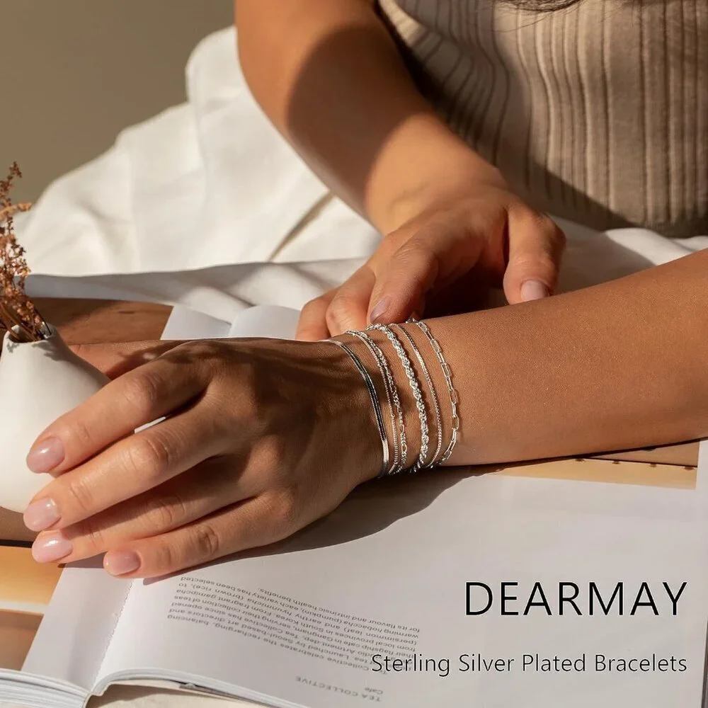 Dainty Silver Plated Bracelets Set for Women - Paperclip, Herringbone